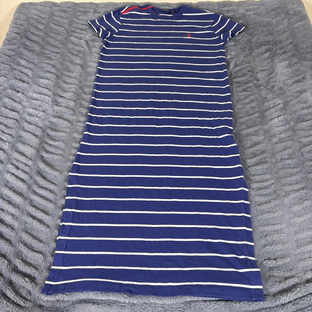Polo Ralph Lauren Blue White Striped T-Shirt Midi Dress Red Shoulder Zip Small